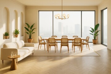 Aufkleber - Modern minimalist dining and living room with natural wood furniture, large windows, indoor plants, and soft neutral tones in contemporary design.