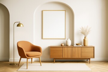 Poster - Contemporary minimalist living room interior with blank frame, wooden furniture, and soft lighting for branding or design mockup template wall background.