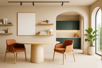 Poster - Contemporary minimalist dining room interior with round wooden table, orange chairs, built-in shelf decor, and kitchen in background.