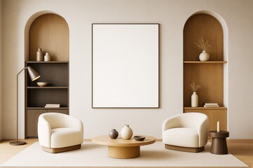 Poster - Contemporary minimalist living room interior with armchairs, coffee table, shelves and blank frame on wall for mockup or branding template.