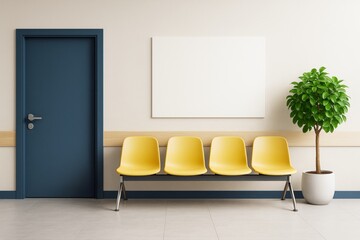 Poster - Empty modern waiting room interior with yellow chairs, blue door, blank canvas on wall and potted plant in clean minimal design concept.