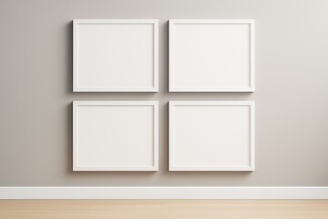 Poster - Four blank white picture frames on a light gray wall in modern empty room interior with wooden floor and clean minimal design concept template mockup.
