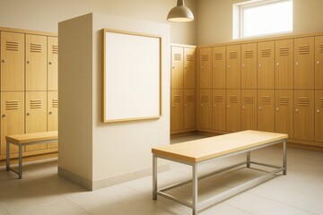 Poster - Contemporary locker room interior with wooden lockers, benches, and blank vertical poster frame on light wall for branding or mockup display.