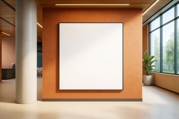 Poster - Large blank square frame on terracotta wall in modern office interior with natural light and green plant near window for branding mockup display.