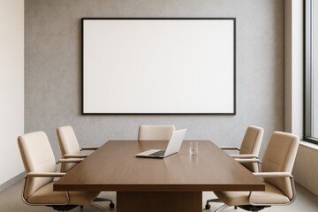 Poster - Modern meeting room interior with blank whiteboard, wooden table, beige chairs, laptop and glass, in bright contemporary office space.