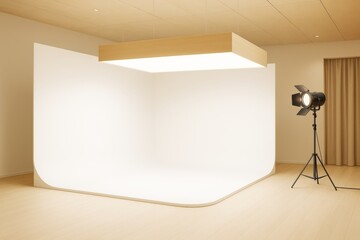 Poster - Minimalist indoor photography studio with curved white backdrop, wooden ceiling light, and spotlight in modern empty room interior.