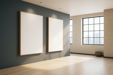 Poster - Contemporary minimalist interior with two large blank wooden-framed posters on dark wall and bright windows casting light on clean wooden floor.