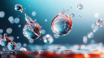 Poster - This image captures dynamic water droplets suspended mid-air against a colorful background, showcasing clarity and elegance in a mesmerizing visual experience.
