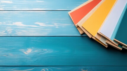 Poster - A vibrant composition showcasing colorful wooden panels in varying shades arranged neatly, against a calming blue wooden background that enhances their visual appeal.