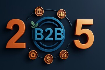 Poster - B2B business strategy concept with 2025 numbers and economic icons on dark background with creative 3D style and light design elements.