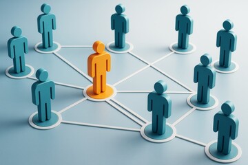 Poster - Business team network with central leadership figure in a creative concept on light blue background, symbolizing communication and teamwork.