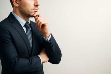 Poster - Businessman in suit thinking with hand on chin, posing thoughtfully against a light background with copy space on the right for creative concepts.