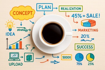 Aufkleber - Creative business concept planning with coffee cup and colorful infographic on light background showing idea, marketing, and success process.