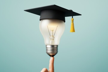 Poster - Light bulb wearing graduation cap symbolizing knowledge and innovation in education and business on soft blue background. Ai generative.