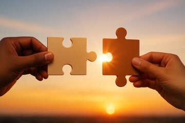 Poster - Two hands holding matching puzzle pieces with sunlight shining through them symbolizing connection and collaboration at sunset background.