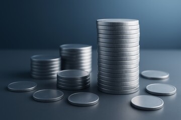 Poster - Stacks of silver coins arranged neatly on a smooth dark background with soft light reflections, symbolizing financial growth and wealth concept.
