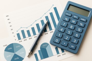 Poster - Business finance charts with calculator and pen on light background, showing abstract data analysis and economic growth statistics concept.