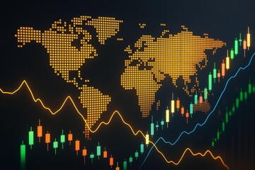 Poster - Abstract world map with glowing stock market candlestick chart and trend lines on dark background in financial business concept illustration.