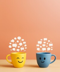 Poster - Two smiling coffee mugs with speech bubbles on peach background symbolizing friendly communication and positive conversation concept.