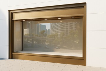 Poster - Empty storefront display window with golden frame and city reflection in glass, suitable for advertising or branding concept mockup template.