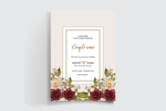 WEDDING INVITATION FRAME WITH FLOWER DECORATIONS AND FRESH LEAVES