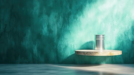 Poster - A shining metal canister elegantly balanced on a circular wooden platform, set against a vibrant teal wall, highlighting minimalist design and contemporary aesthetics.