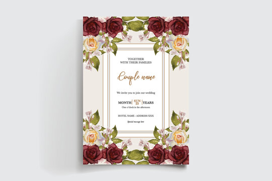WEDDING INVITATION FRAME WITH FLOWER DECORATIONS AND FRESH LEAVES