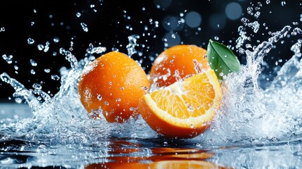 Poster - Vibrant oranges splashing into clear water, illustrating freshness and vitality, capturing the essence of healthy eating, nature's beauty, and the invigorating effect of fruit.