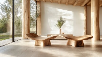 Poster - This serene interior features beautifully crafted wooden chairs that complement the tranquil ambiance, highlighted by natural light streaming through expansive windows.