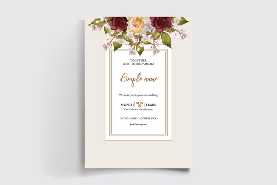 WEDDING INVITATION FRAME WITH FLOWER DECORATIONS AND FRESH LEAVES