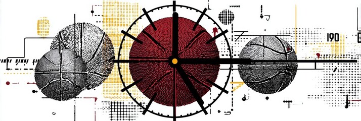 Poster - Stylized Clock Face Designed With Basketball Elements Showcasing Dynamic Shapes and Free Upper Zone for Creativity and Expression