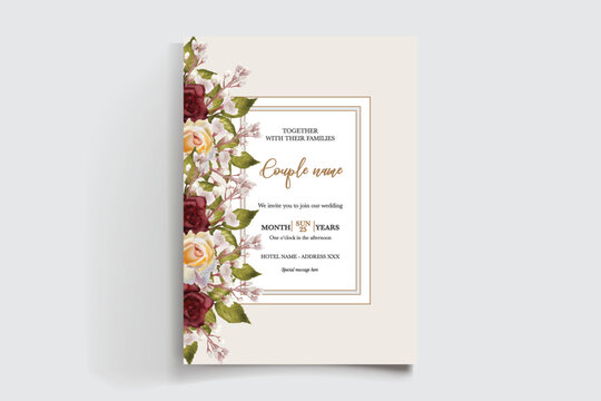WEDDING INVITATION FRAME WITH FLOWER DECORATIONS AND FRESH LEAVES