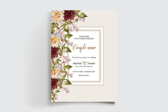WEDDING INVITATION FRAME WITH FLOWER DECORATIONS AND FRESH LEAVES