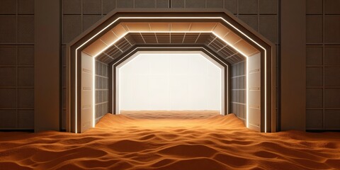 Poster - Futuristic space habitat design concept. Abstract entrance with waves of sand flowing inside a structure.