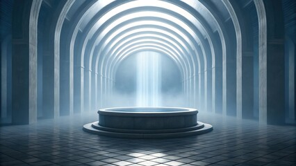 Poster - Futuristic space habitat design concept. Mysterious architectural space with illuminated circular platform.