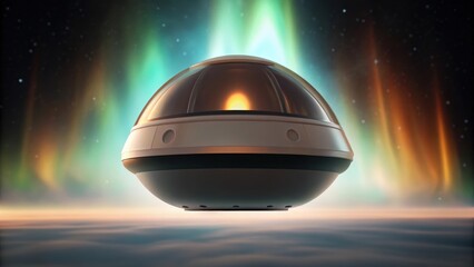 Poster - Futuristic space habitat design concept. Futuristic spacecraft under vibrant auroras in a cosmic scene.