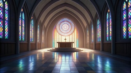 Poster - Futuristic space habitat design concept. Majestic interior with stained glass and a central altar.