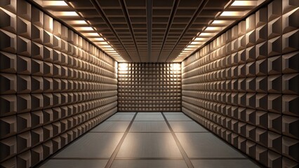 Poster - Futuristic space habitat design concept. Soundproof chamber with textured walls and ambient lighting.