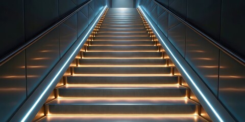 Poster - Futuristic space habitat design concept. Modern illuminated staircase with sleek metallic design.