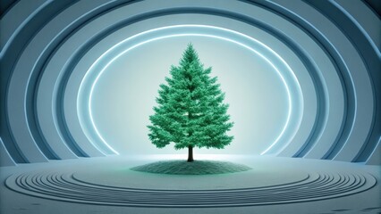 Aufkleber - Futuristic space habitat design concept. Lone tree in a futuristic, circular setting with blue tones.