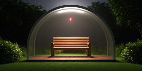 Poster - Futuristic space habitat design concept. A bench in a glass shelter surrounded by greenery at night.