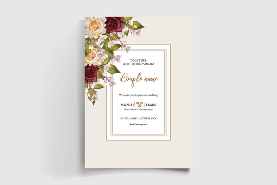 WEDDING INVITATION FRAME WITH FLOWER DECORATIONS AND FRESH LEAVES