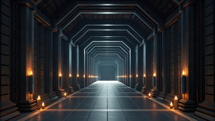 Poster - Futuristic space habitat design concept. Mysterious corridor with illuminated pillars and a distant exit.