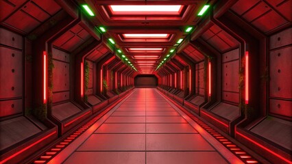 Poster - Futuristic space habitat design concept. Futuristic corridor with red lighting and metallic walls.
