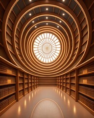 Poster - Futuristic space habitat design concept. A grand library with circular architecture and bookshelves lining the walls.