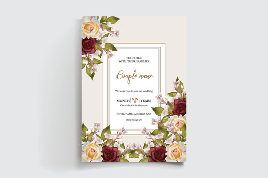 WEDDING INVITATION FRAME WITH FLOWER DECORATIONS AND FRESH LEAVES