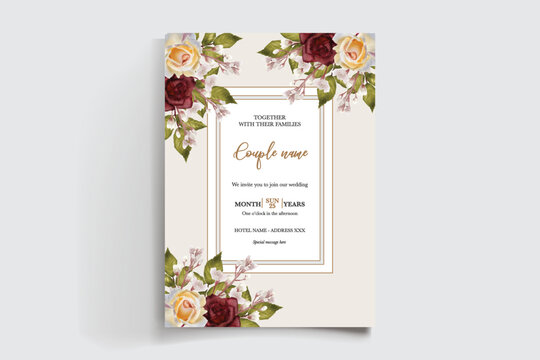WEDDING INVITATION FRAME WITH FLOWER DECORATIONS AND FRESH LEAVES