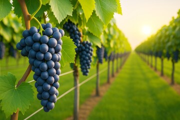 Poster - Close-up of ripe purple grapes hanging on vine in vibrant vineyard with bright sunlight and green blurred background during golden hour light.