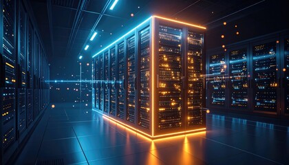 Poster - Illuminated Server Room with Neon Accents and Data Flow