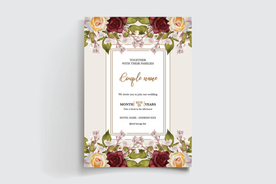 WEDDING INVITATION FRAME WITH FLOWER DECORATIONS AND FRESH LEAVES